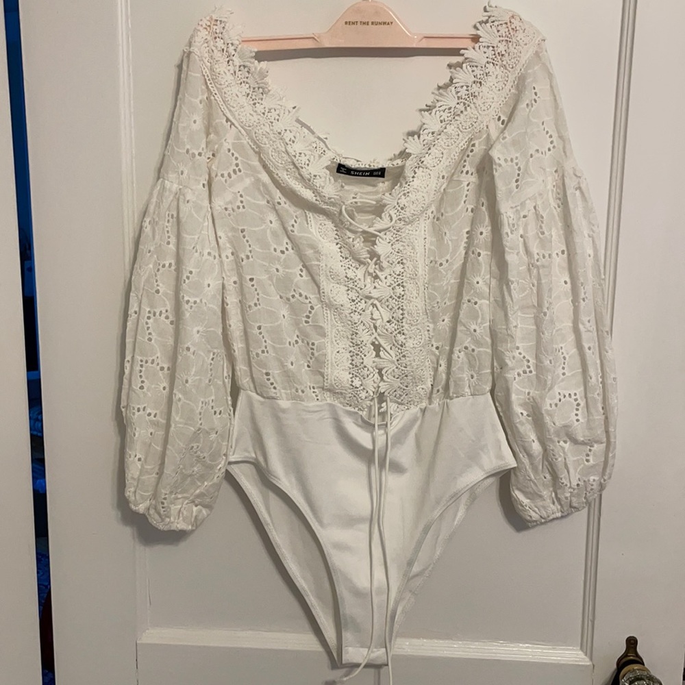 Shein White Lace Tie Front Bodysuit